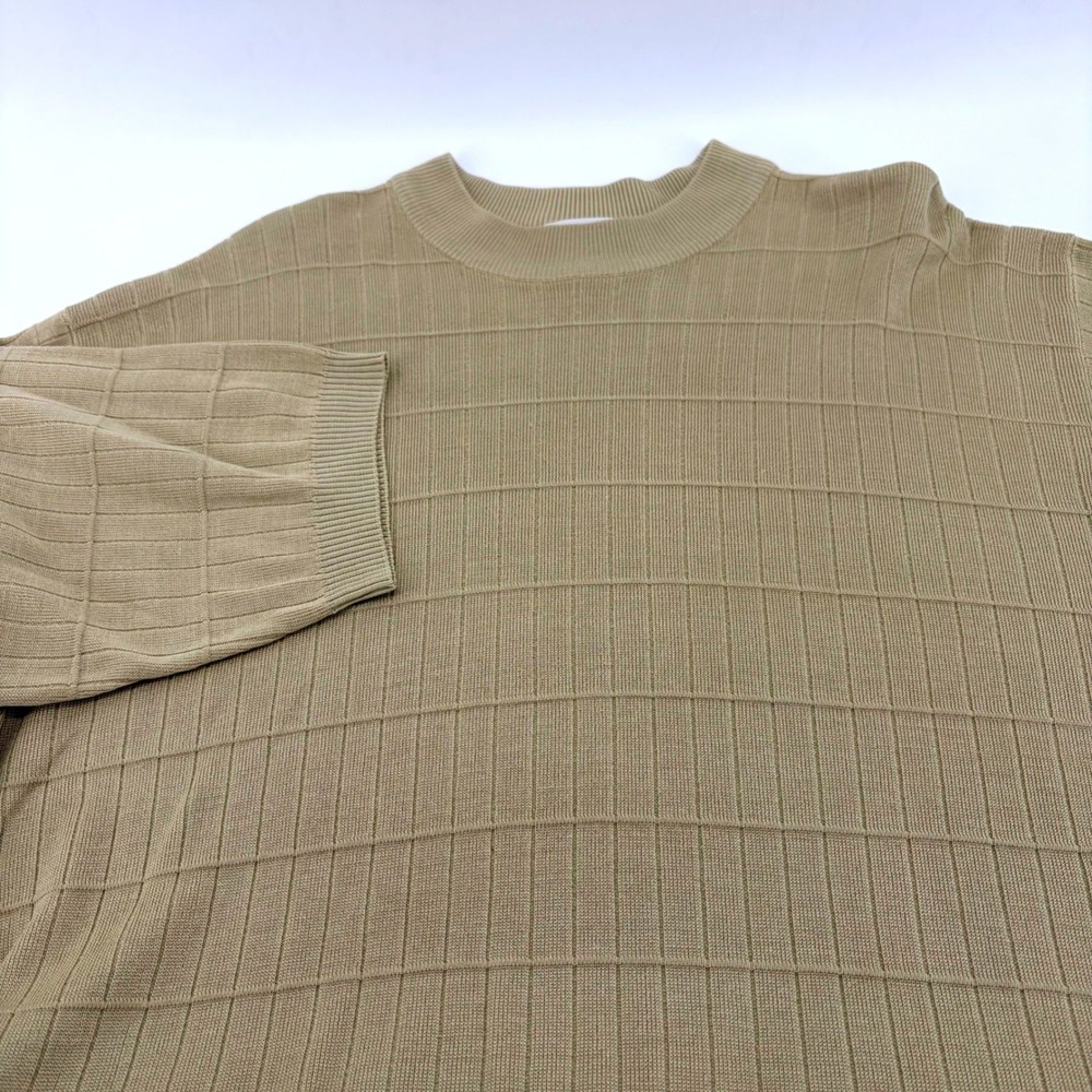 Anthology Mens 100% Silk Short Sleeve Sweater Tan Grid Textured Crewneck Large